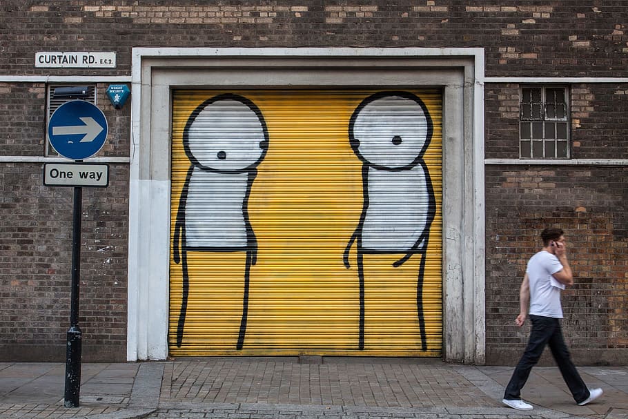 man, walks, past, one-way, sign, street art background, east, london, background, Shoreditch