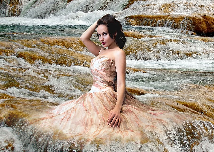 woman, brown, dress, waterfalls, model, girl, cascade, waterfall, river, torrent
