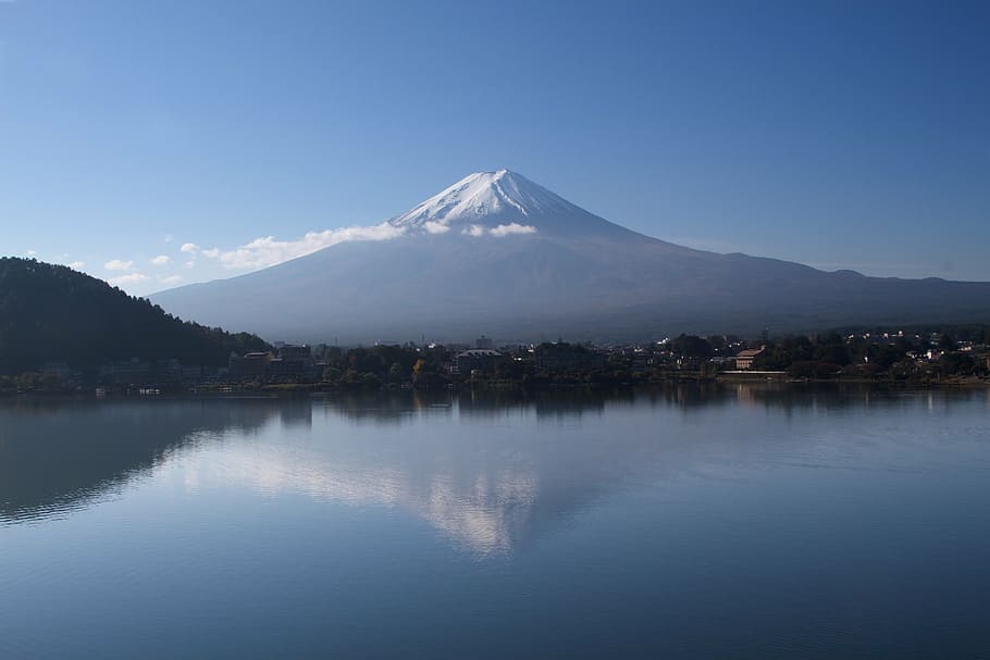 snow cap mountain, body, water, daytimer, reflection, fuji, japan, mountain, lake, travel