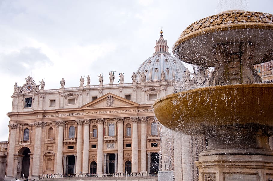 beige, outdoor, fountain, daytime, st peter's basilica, rome, san pietro, monument, vatican, basilica