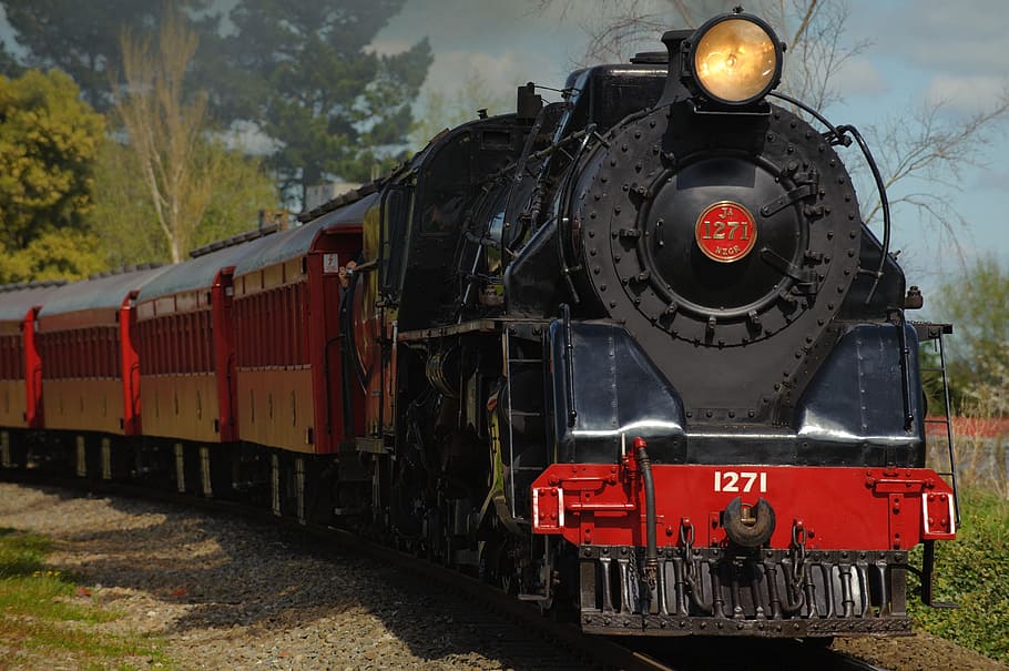 red, black, 1271 train, train, steam engine, locomotive, railway, railroad, transportation, tracks