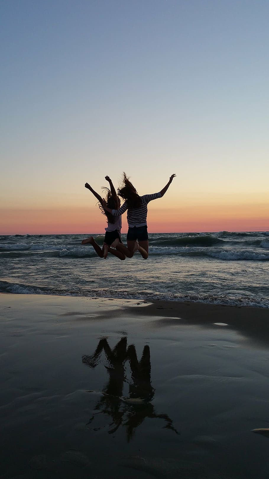 two, women, jumping, seashore, best friends, sunset, beach, cheer, sky, sea