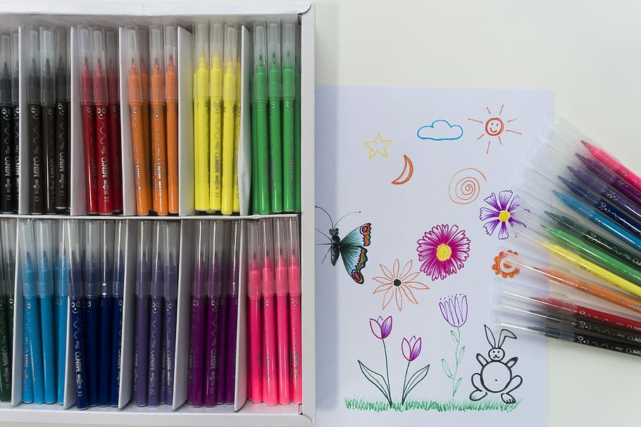 marcador, conjunto, ao lado, papel de impressora, canetas de feltro, desenho de crianças, desenho, imagem, pintar, colorido