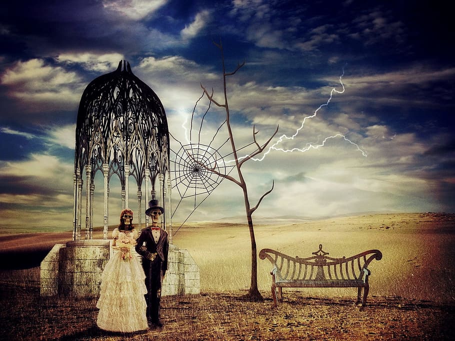 skull couple, walking, tgether, withered, tree, bench, bride and groom, creepy, skeleton, desert