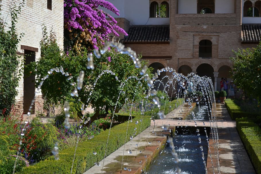 air mancur, alhambra, granada, taman, spanyol, arsitektur, struktur yang dibangun, air, eksterior bangunan, tanaman