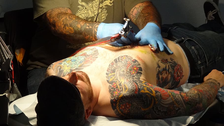 man tattooing, Biker, Tattoo Artist, Man, Male, tattoo, body, asian style, lying down, indoors