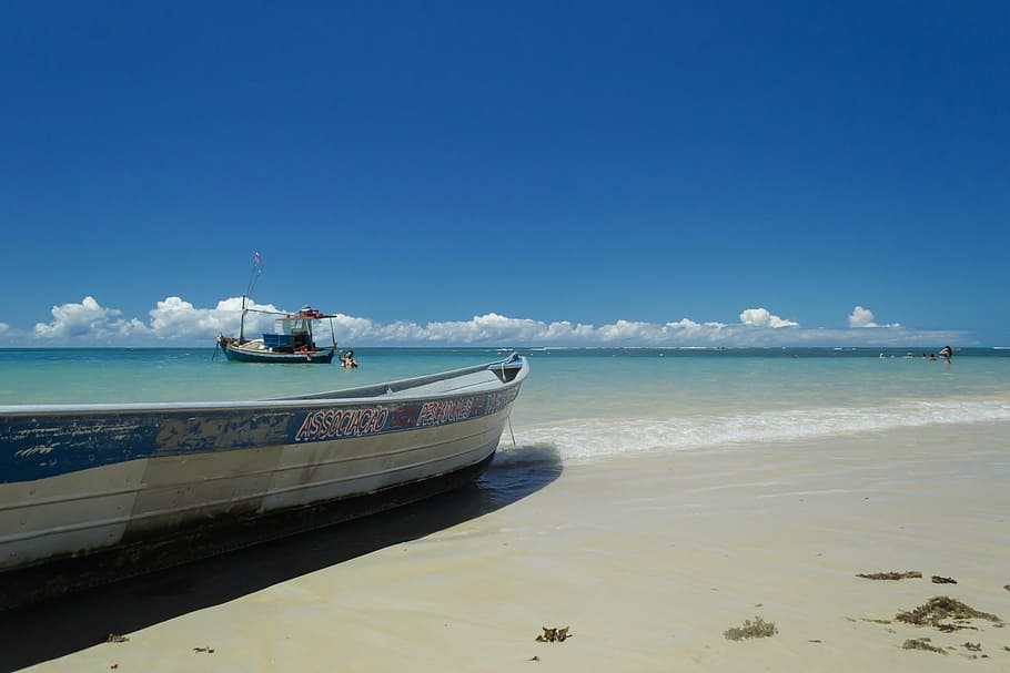 white, boat, seashore, trancoso, bahia, praia dos coqueiros, mar, weighs, litoral, brazil