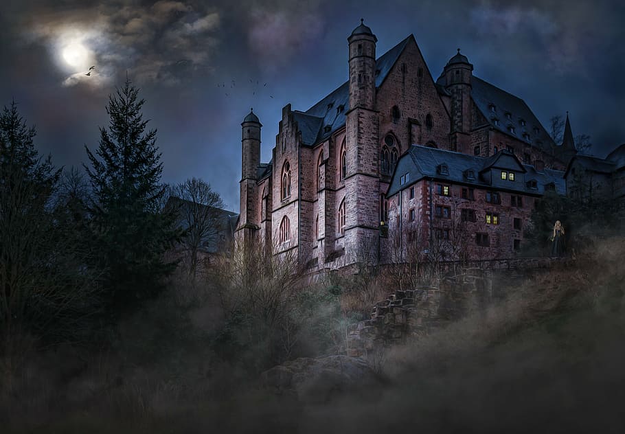gray, concrete, wall mansion illustration, castle, mystical, mood, moonlight, night sky, clouds veil, fog