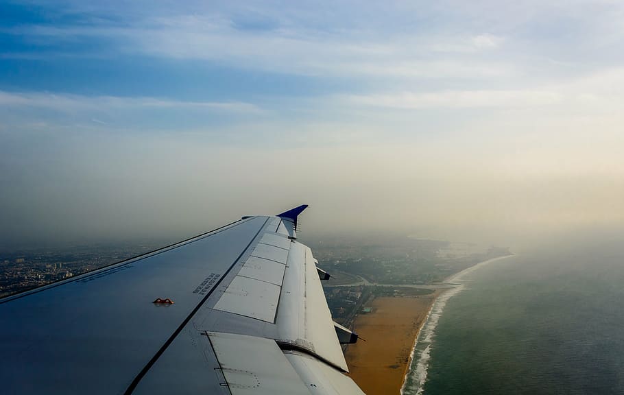 ala del aeroplano, ventana del aeroplano, playa, vista a la playa, viaje, transporte, vista, mosca, ventana, vacaciones