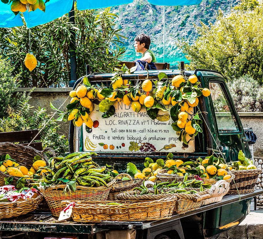 yellow, fruit, green, vegetables, wicker baskets, cinque terre, italy, amalfi coast, nature, seaside
