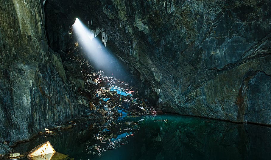 garbage on cave, rocks, water, cave, flashlight, adventure, nature, stalactite, beauty in nature, solid