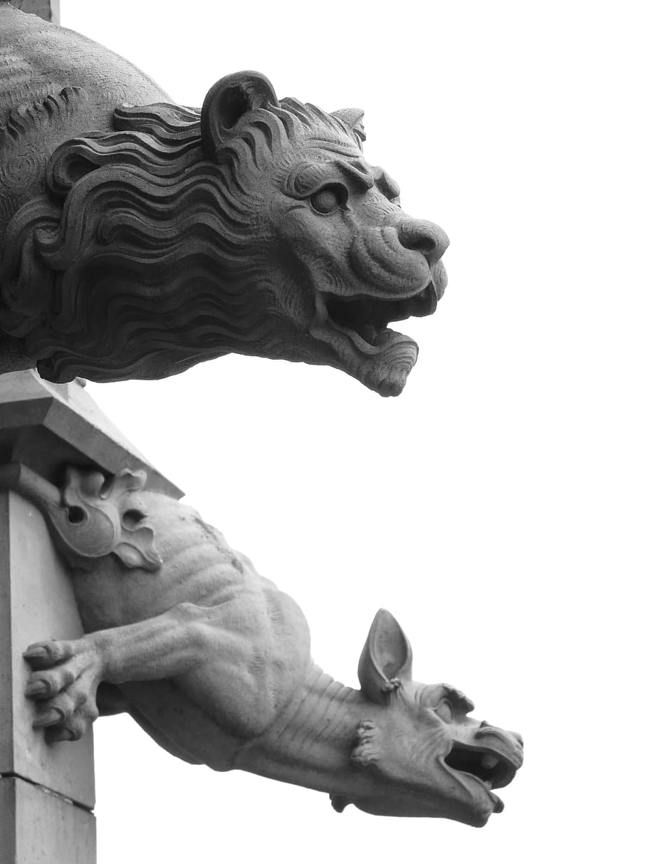 gray, scale photo, statue, gargoyle, figure, lion, ulm cathedral, münster, building, architecture