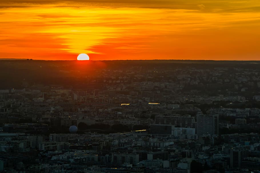 puesta de sol, París, ciudad, Francia, ver, tarde, visión general, vista lejana, vista panorámica sobre París, visión