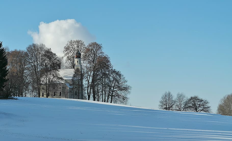 photography, house, trees, church, chapel, winter, small church, steeple, landscape, sky