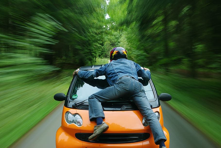 pessoa, laranja, carro, inteligente, automático, velocidade, tráfego, veículos, acidente, estrada