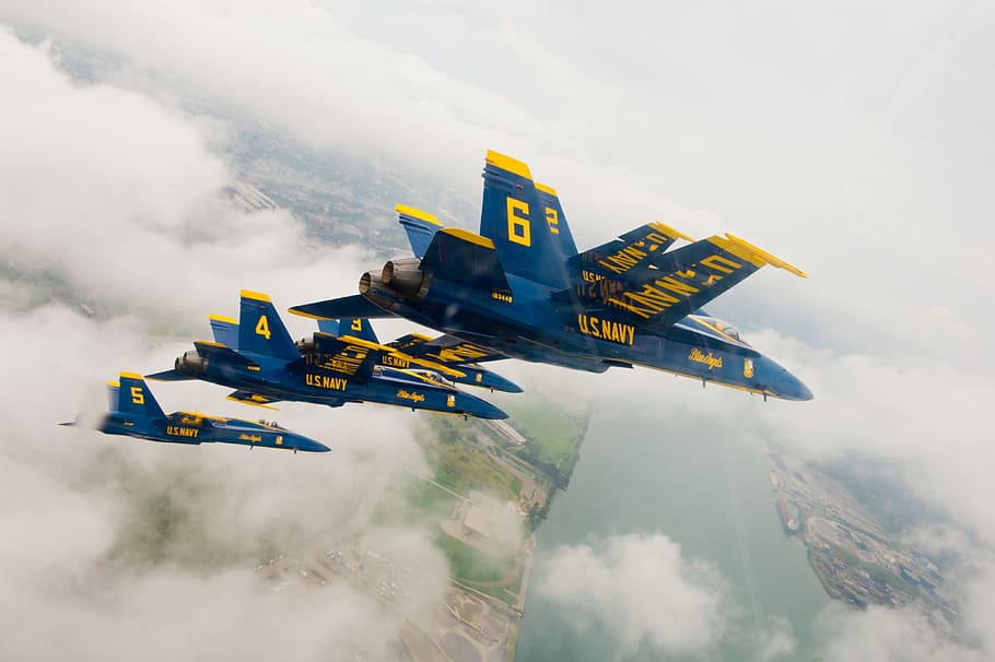 Blue Angels, Flying, Aeronave, anjos azuis marinho, militar, eua, avião, linha do horizonte, jatos de combate, f-18