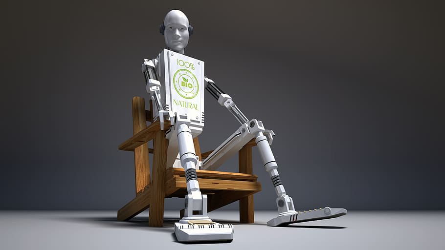 blanco, robot androide, sentado, marrón, silla adirondack, silla, madera, droide, robot, 3D