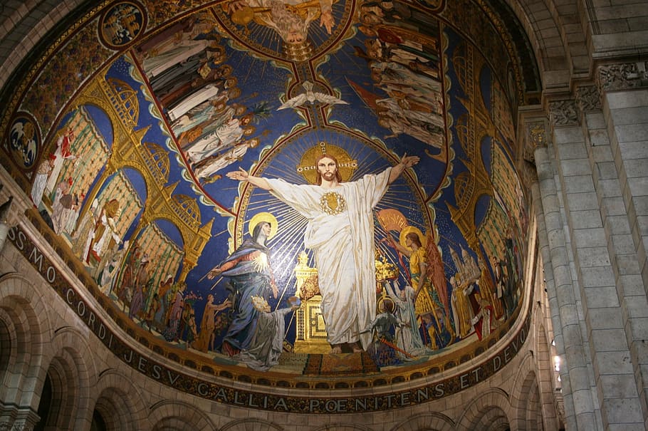 religious, ceiling painting, jesus christ, sacre coeur, altar, paris, religion, belief, architecture, place of worship