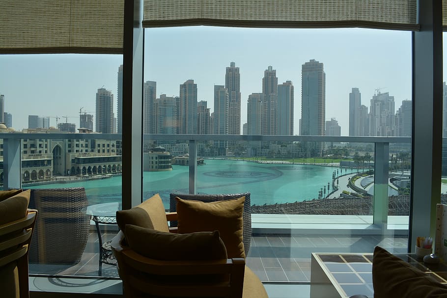 view, high-rise, buildings, inside, room, cafe, dubai, arab, emirates, arabian