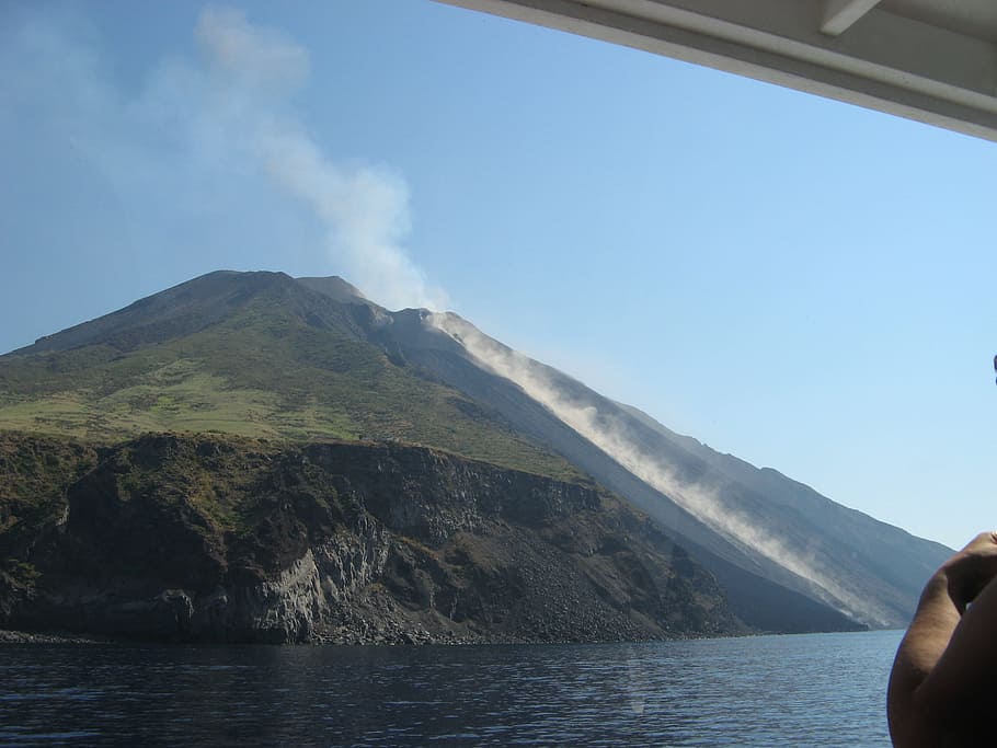 sicily, stromboli, volcano, erupts, sea, island, sky, smoke, boat, mountain