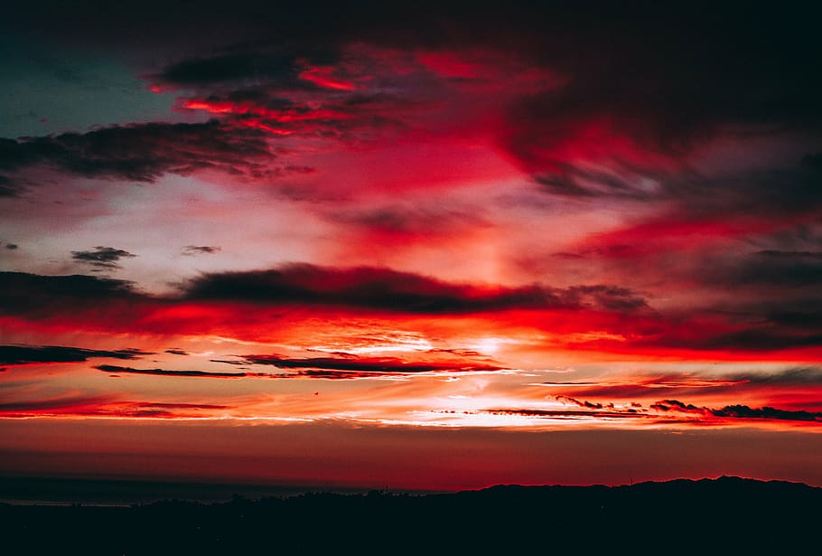 silhouette, mountain, cloudy, sky, golden, hour, red, black, sunset, clouds