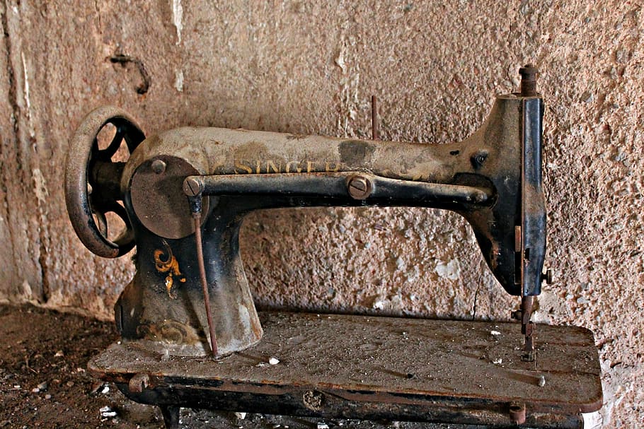 máquina de costura, velho, esquecimento, sujo, sótão, pontos, memória, costura, metal, enferrujado