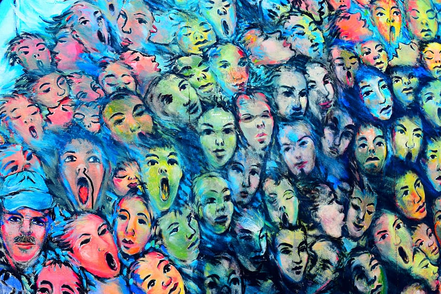 face collage painting, berlin, wall, east, west, multi Colored, paint, full frame, backgrounds, art and craft