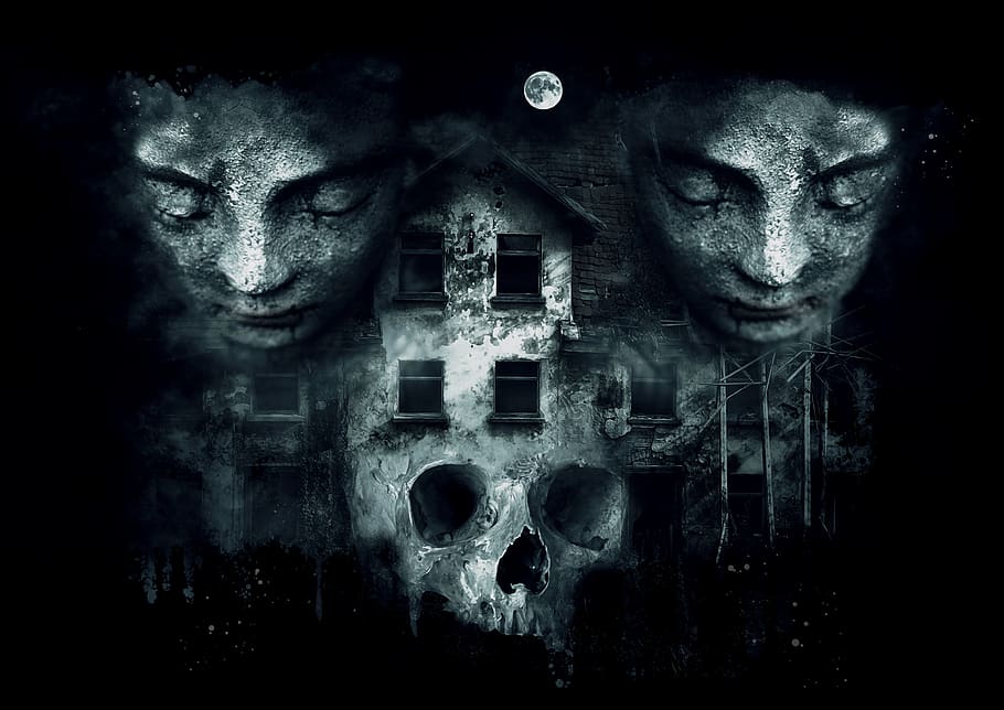 fantasía, oscuro, gótico, horror, cráneo de la casa, estatuas, cabezas, soledad, tristeza, dolor