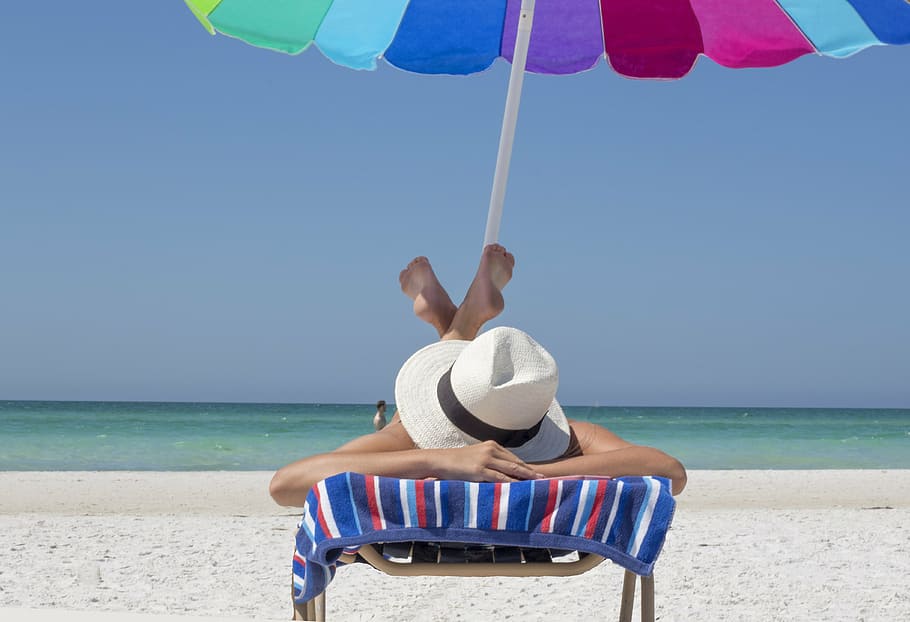 person, lying, beach chair, vacation, beach, relax, travel, sun, sea, ocean