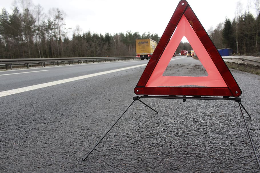 red, steel, early, signage, gray, concrete, road, warning triangle, accident, highway