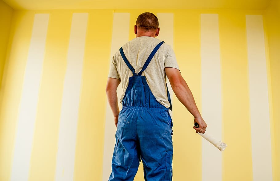 man, blue, dungaree pants, building, painter, painting, strips, paint, professional, employee