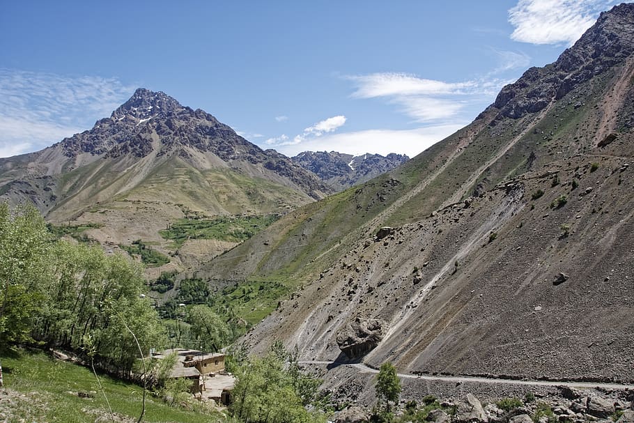 tajiquistão, bergdorf, vila, vale, paisagem, natureza, desfiladeiro, rocha, montanhas, ásia central