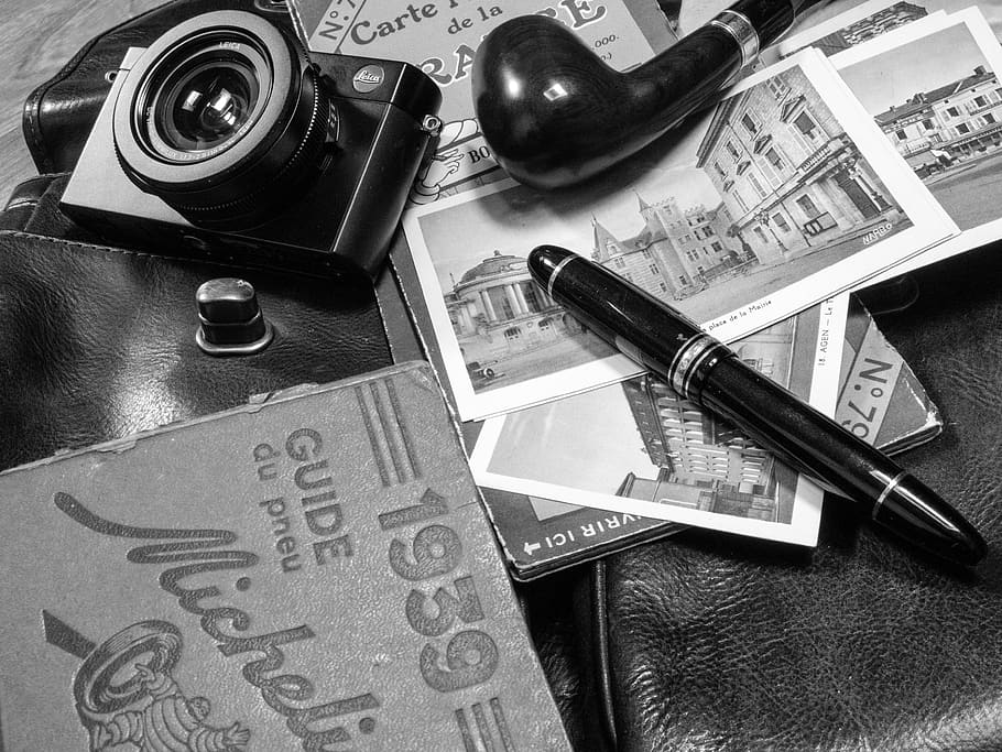 map, office, vintage, pen, pipe, black white, photography themes, camera - photographic equipment, indoors, table