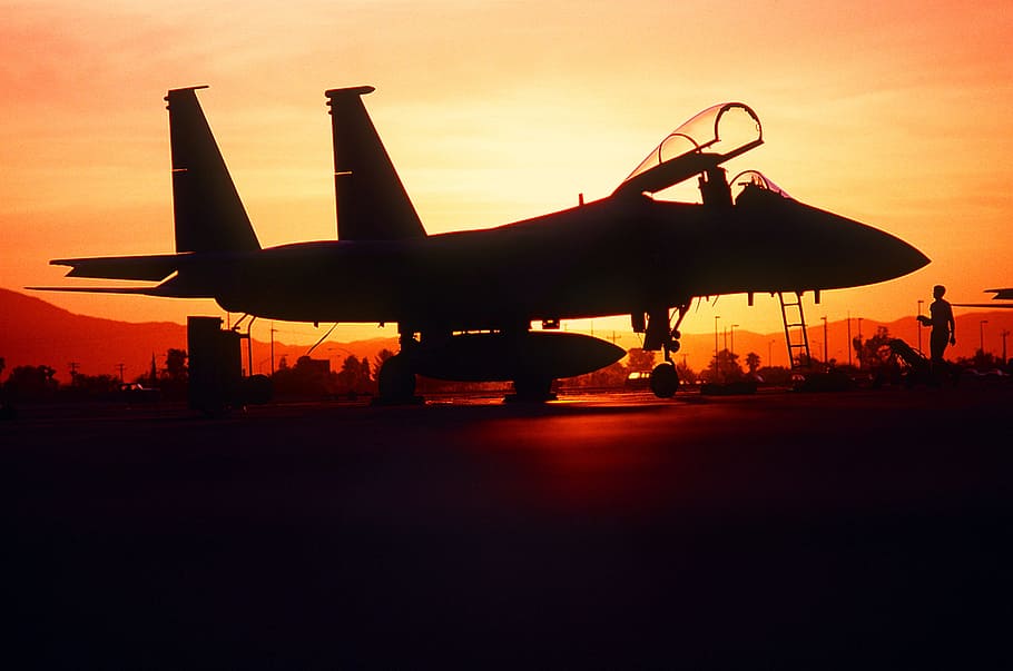 Aircraft, Military, Silhouette, Fighter, jet, plane, f-15, maintenance, crew, dusk
