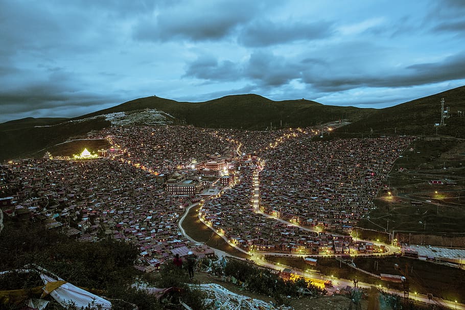 night view, buddhism, the holy land, seda, the sichuan-tibet, cloud - sky, architecture, sky, mountain, nature