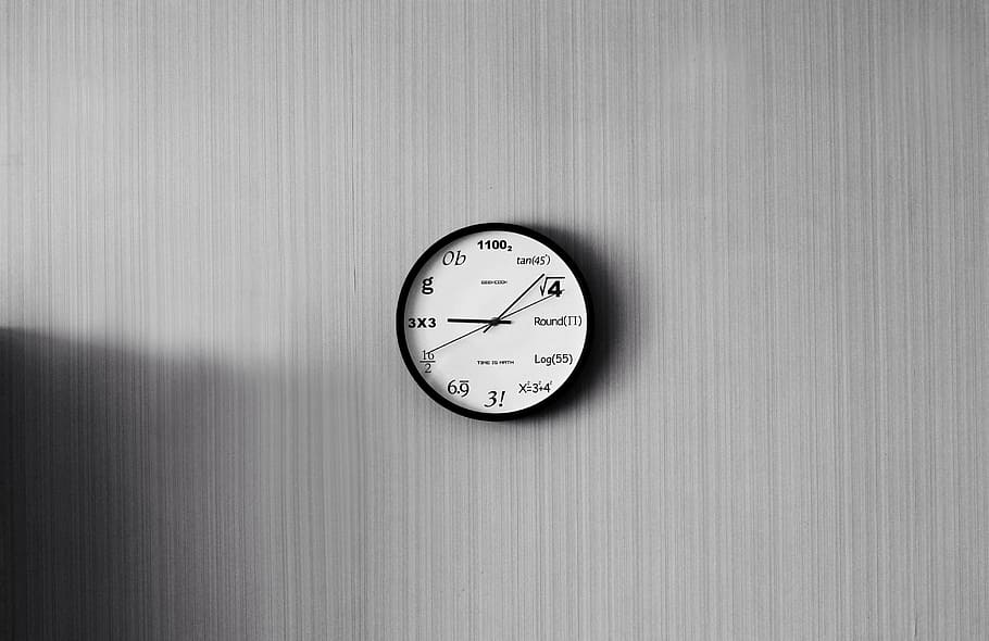 blanco, reloj de pared analógico, 9:08, redondo, negro, trigonometría, pared, reloj, marrón, círculo