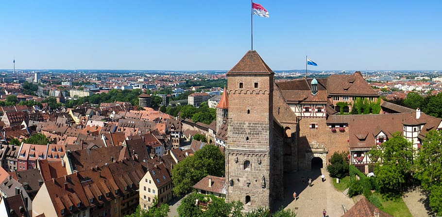 aerial, brown, village, Nuremberg, Castle, Imperial Castle, nuremberg, castle, middle ages, panorama, tower