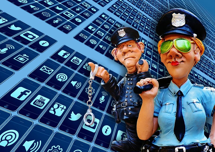 dua ilustrasi polisi, media sosial, internet, keamanan, polisi, jejaring sosial, sosial, multimedia, berkomunikasi, halaman internet