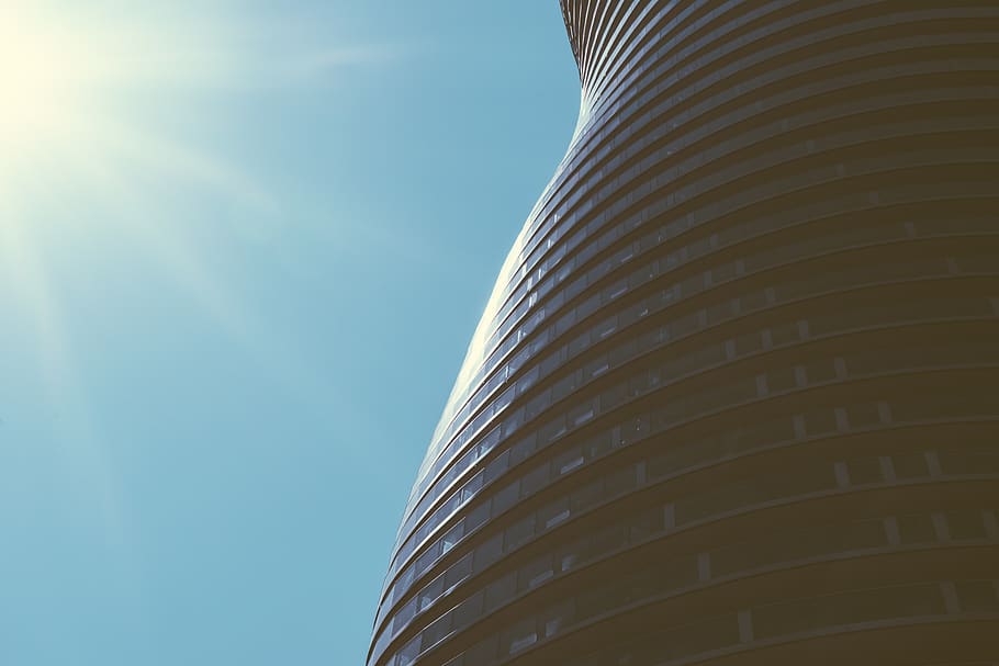 abstract, architectural, architecture, blue sky, curves, curvy, lines, sun flare, low angle view, sky