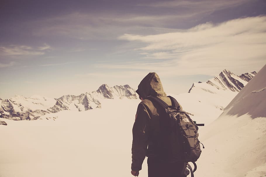 hiking, climbing, trekking, fitness, jacket, coat, backpack, knapsack, hood, winter