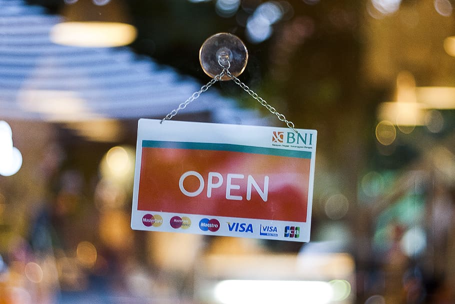 selective, focus, photographed, open, hanging, signboard, sign, open sign, business, store