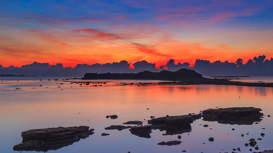 Huxi, silhouette, coastal, rocks, golden, hour, water, sky, reflection, sunset
