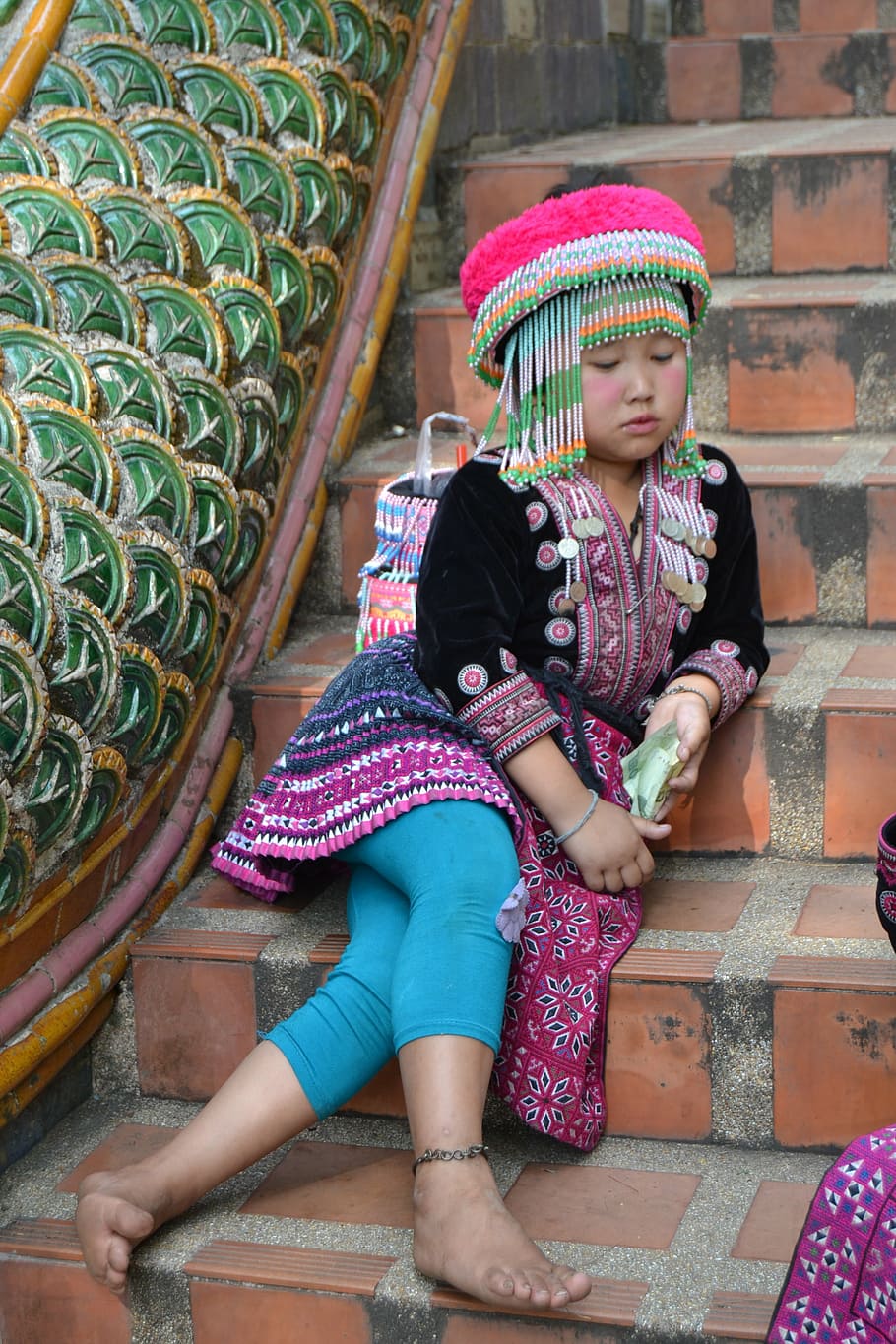 girl, sad, hmong, girls tribe hmong, sitting, thailand, color, ladder, culture, stairway