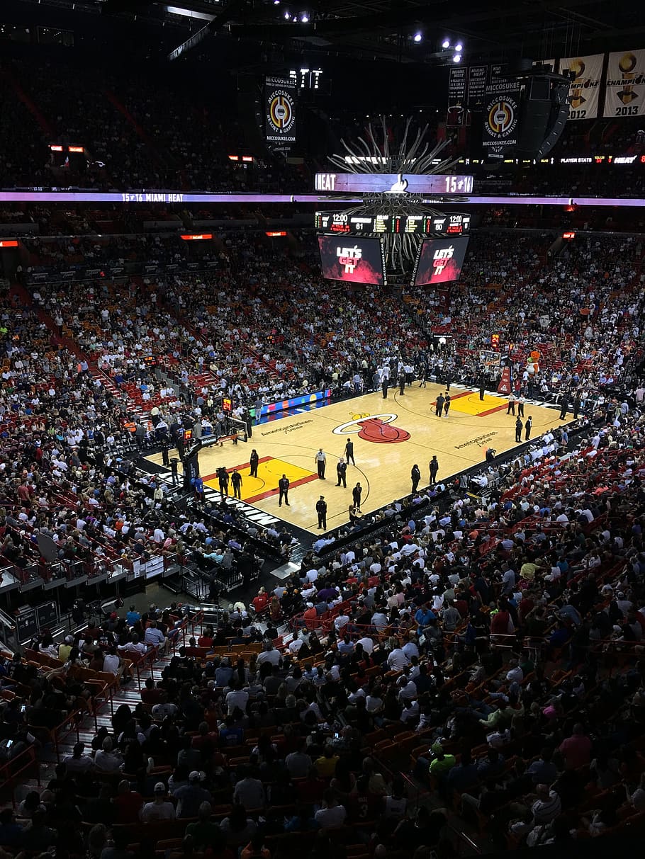 Miami Heat, Juego, Miami, Juego de Miami Heat, estadio, multitud, vista de ángulo alto, gran grupo de personas, espectador, fanático