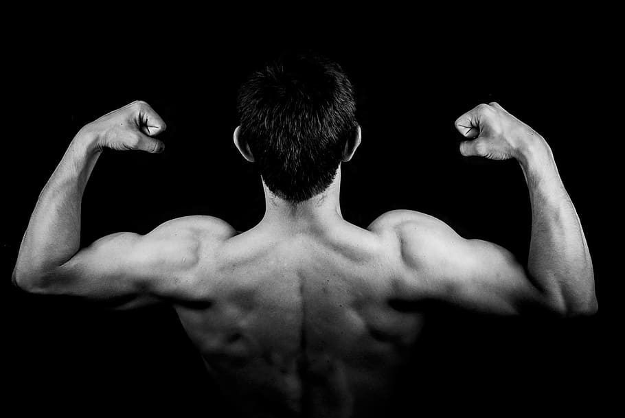 hombre flexiona bíceps, oscuro, habitación, hombre, niño, una persona, joven, los músculos, la espalda, bíceps