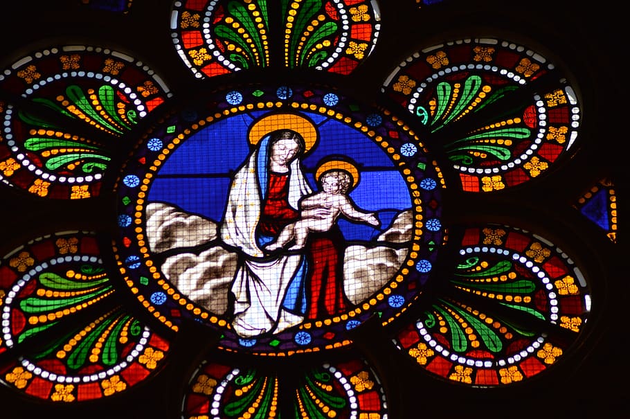 stained glass, colorful, woman, child, mary, jesus, flower, rings, religion, faith