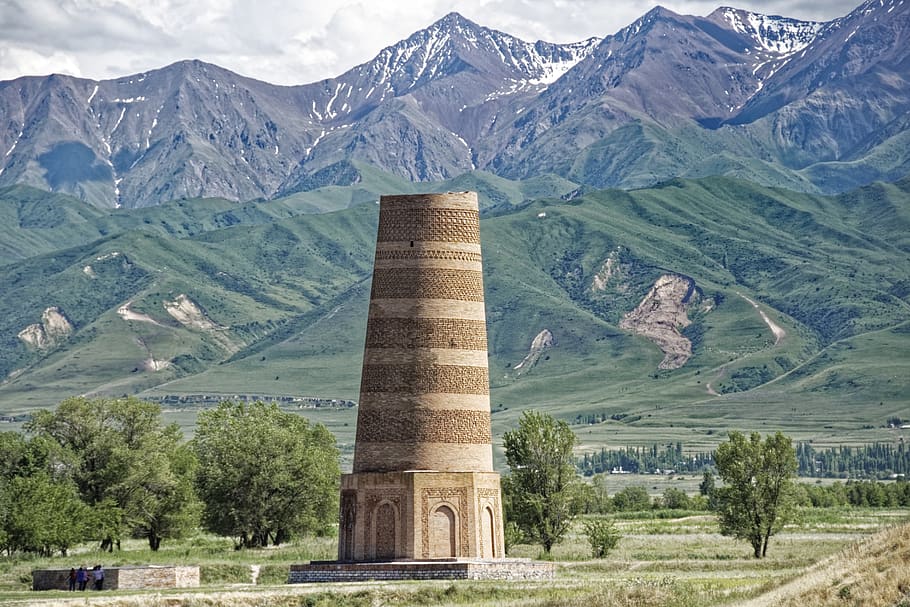 quirguistão, torre burana, torre, açude, construção, arquitetura, locais de interesse, historicamente, paisagem, montanhas