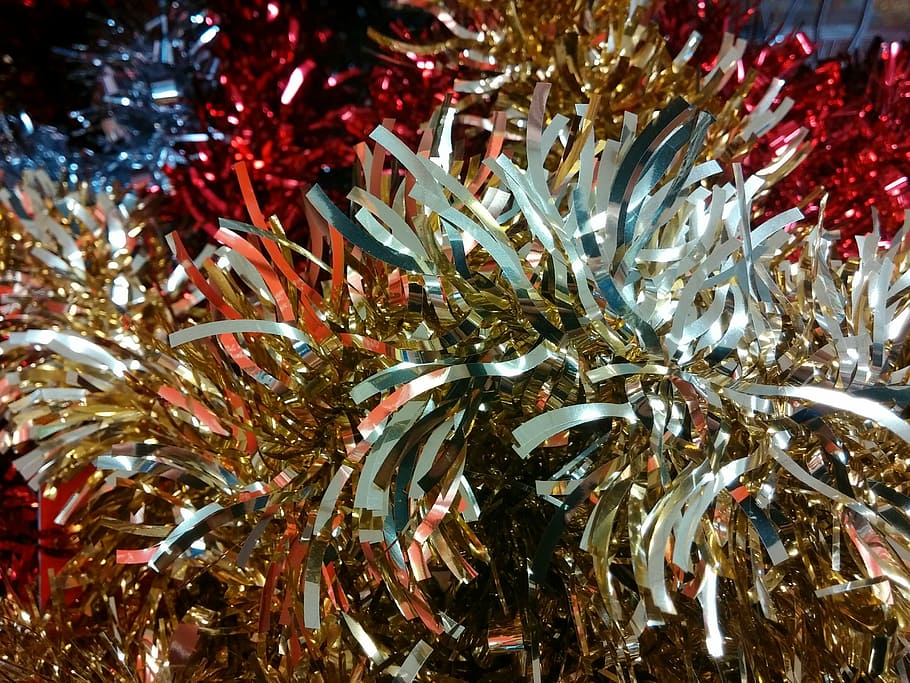 tinsel, christmas, decorations, festive, glittery, xmas, silver, noel, celebration, decoration