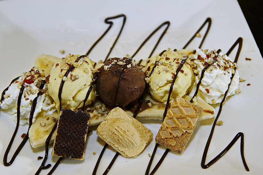 chocolate, vanilla ice cream, white, surface, banana split, ice cream, banana, puddings, dessert, beautiful