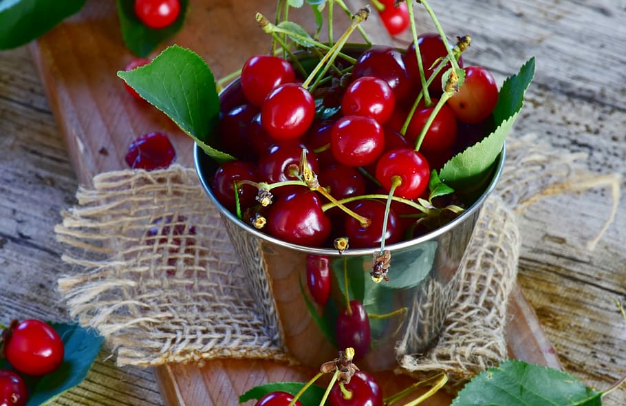 red, fruits, bucket, sour cherries, cherries, fruit, fruit tree, nature, summer, tree